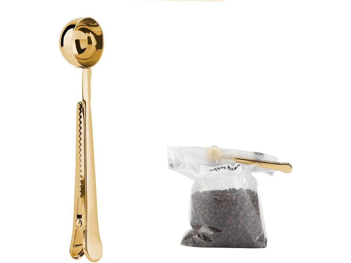Cuchara de café de 18 cm con clip para bolsa, para café molido y en grano, color dorado.