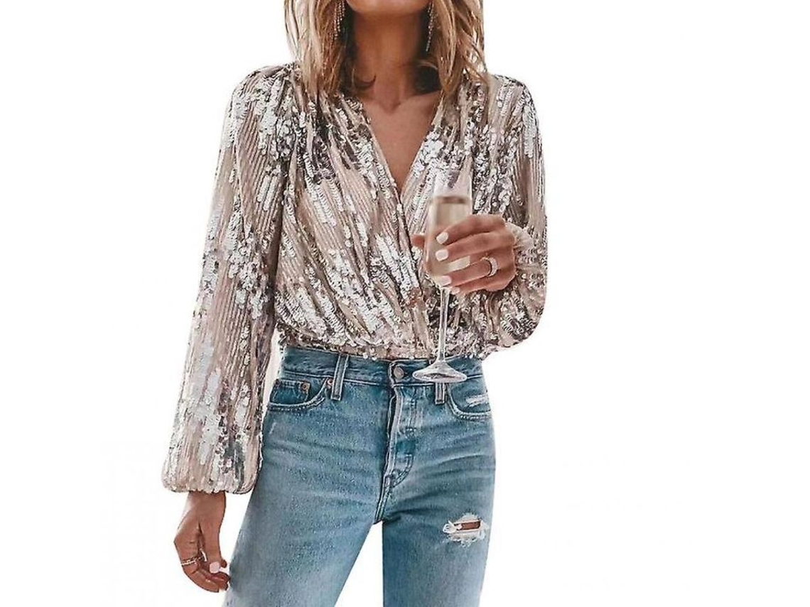 2026-13323-camisa De Manga Larga Con Strass Cuello V Para Fiesta Mujer Wxn M Champán