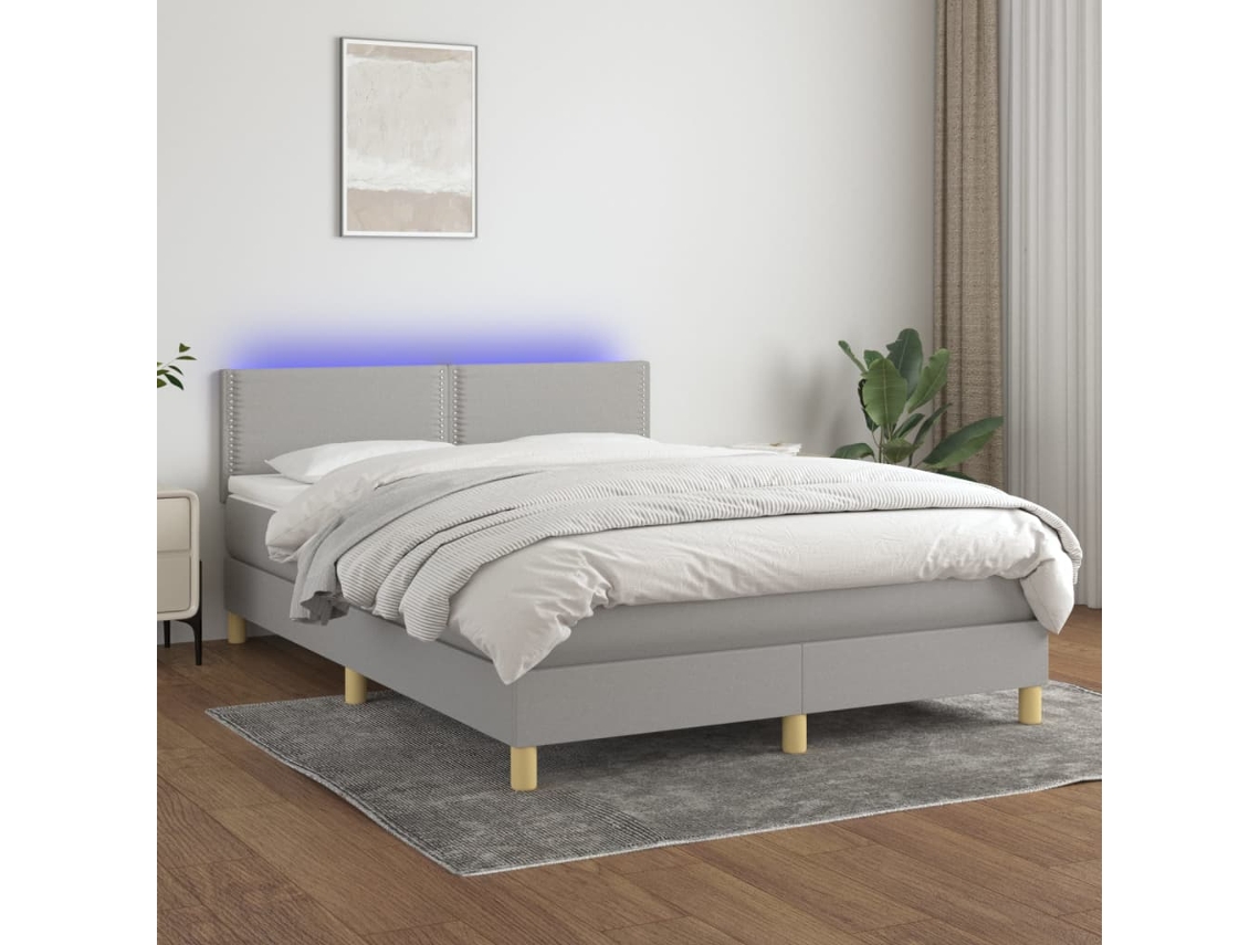 Cama box spring colchón y luces LED tela gris claro 140x200 cm