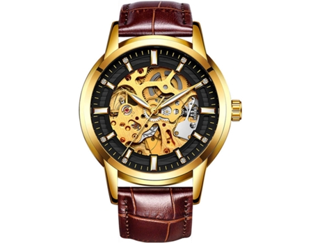 VENAXIN Relojes deportivos automáticos de cuero con esqueleto hueco para hombre-marrón oscuro VEANXIN