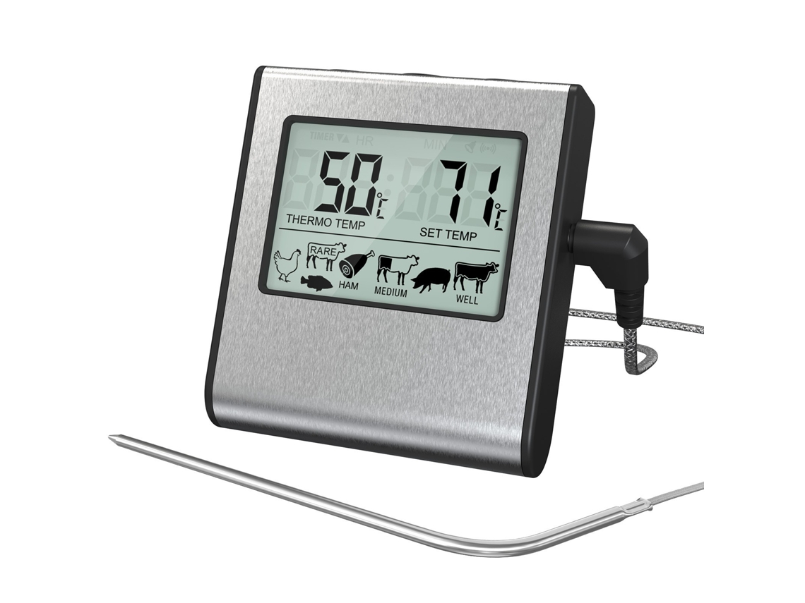 Termómetro digital para carne con sonda larga de acero inoxidable.