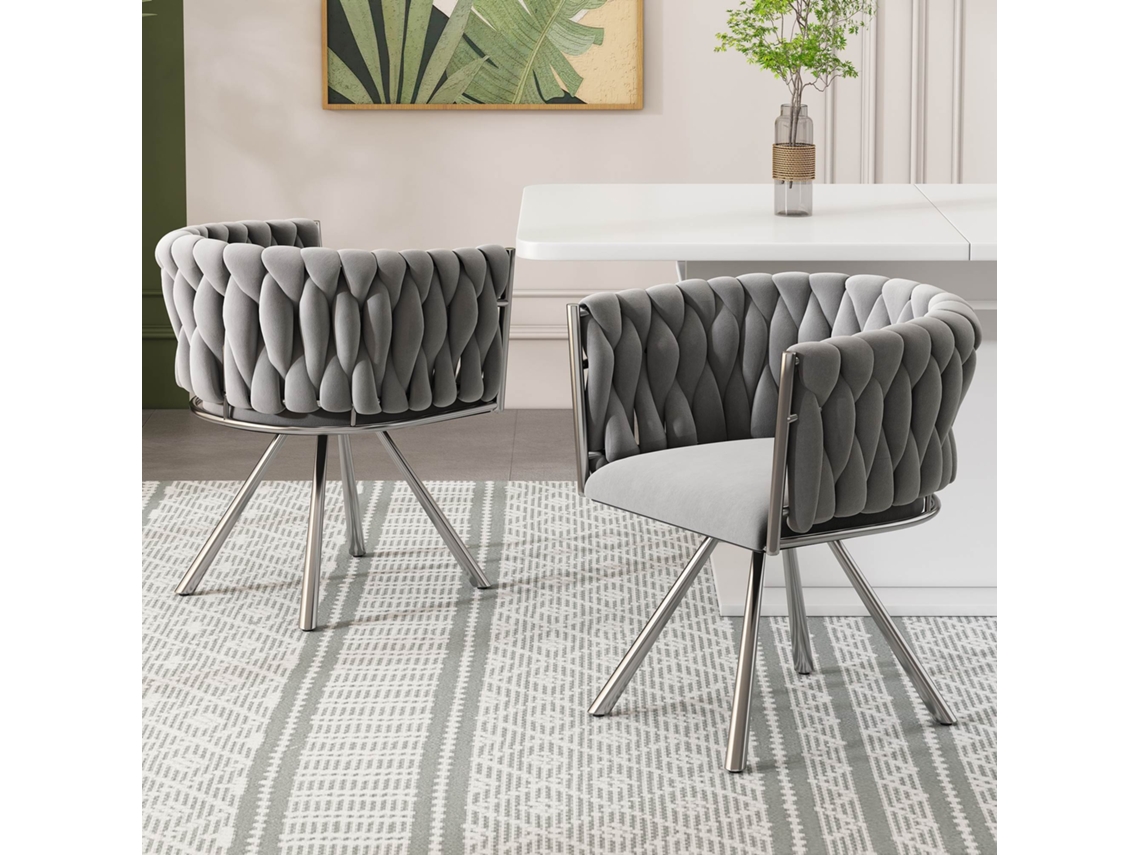 Sillón de comedor de 2 piezas, lujoso sillón giratorio gris y plateado.