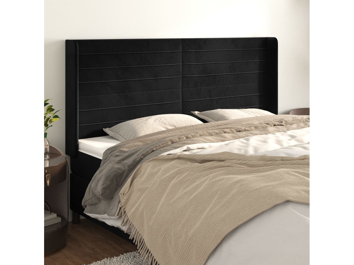 Cabecero Con Orejas De Terciopelo Negro 203x16x118/128 Cm