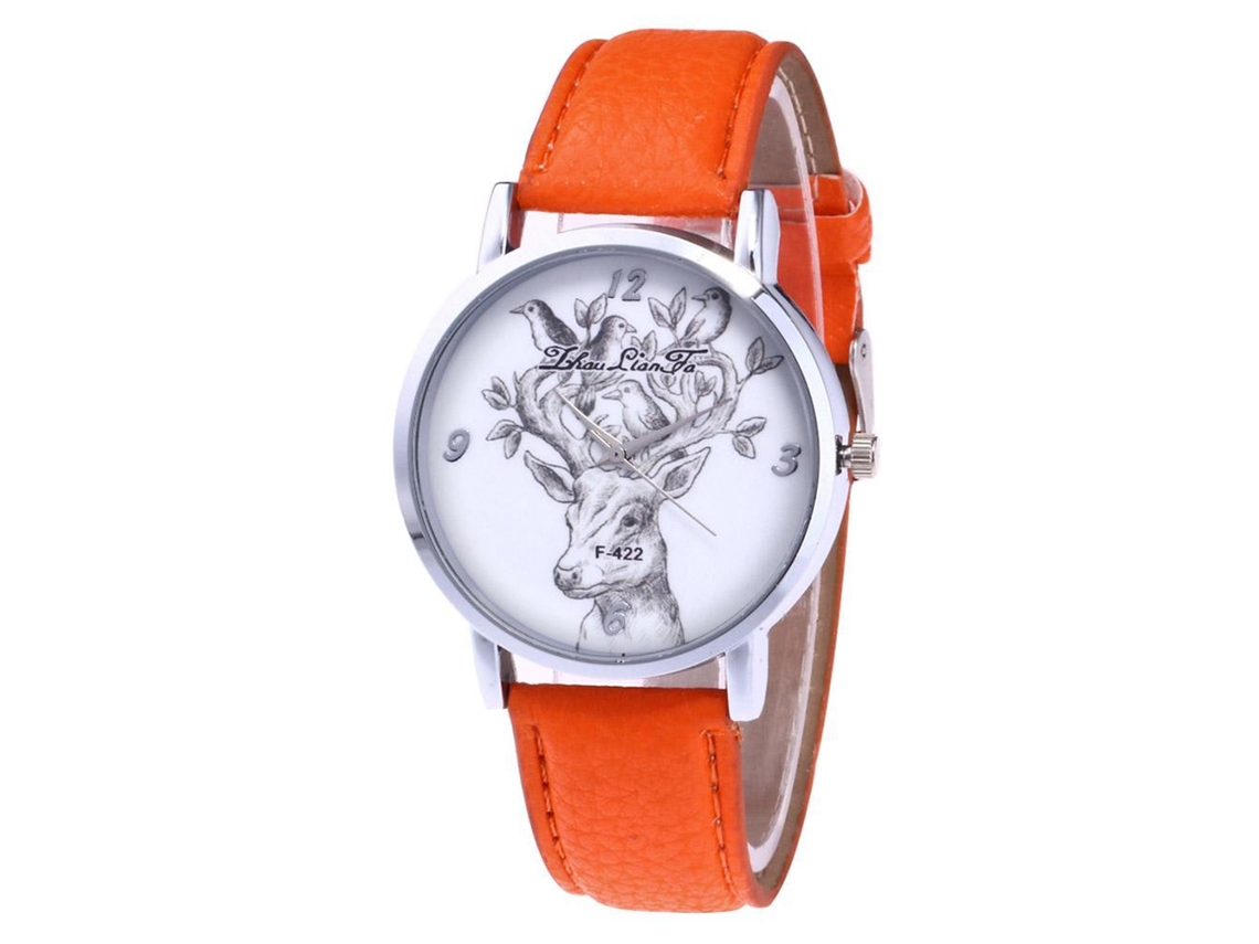 Reloj De Cuarzo Para Hombre Con Correa De Cuero Y Esfera Con Estampado De Cabezas De Ciervo Y Pájaro (naranja)