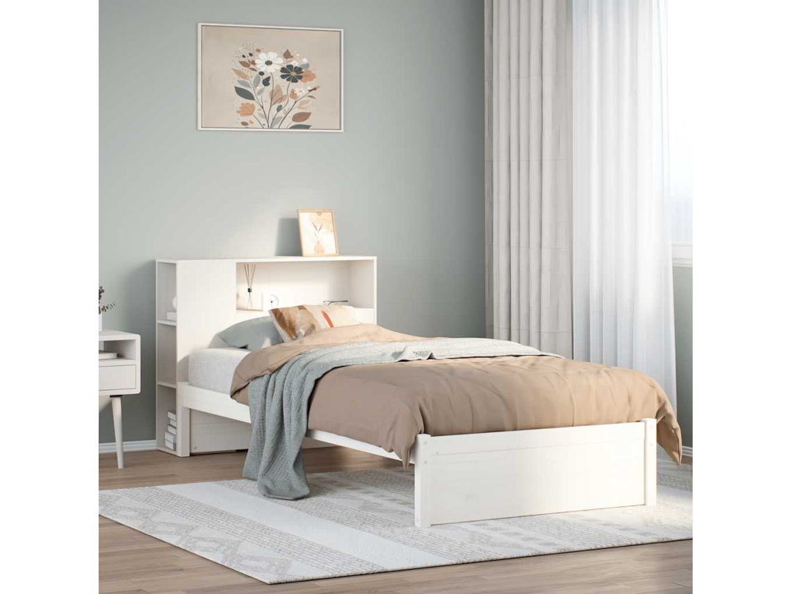 Cama Individual | Cama Con Estantería Sin Colchón Madera Maciza Blanca 75x190 Cm