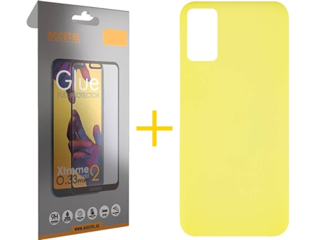 Funda y Protector de Vidrio Full Samsung Galaxy A41 ACCETEL Silicona Líquida Amarillo