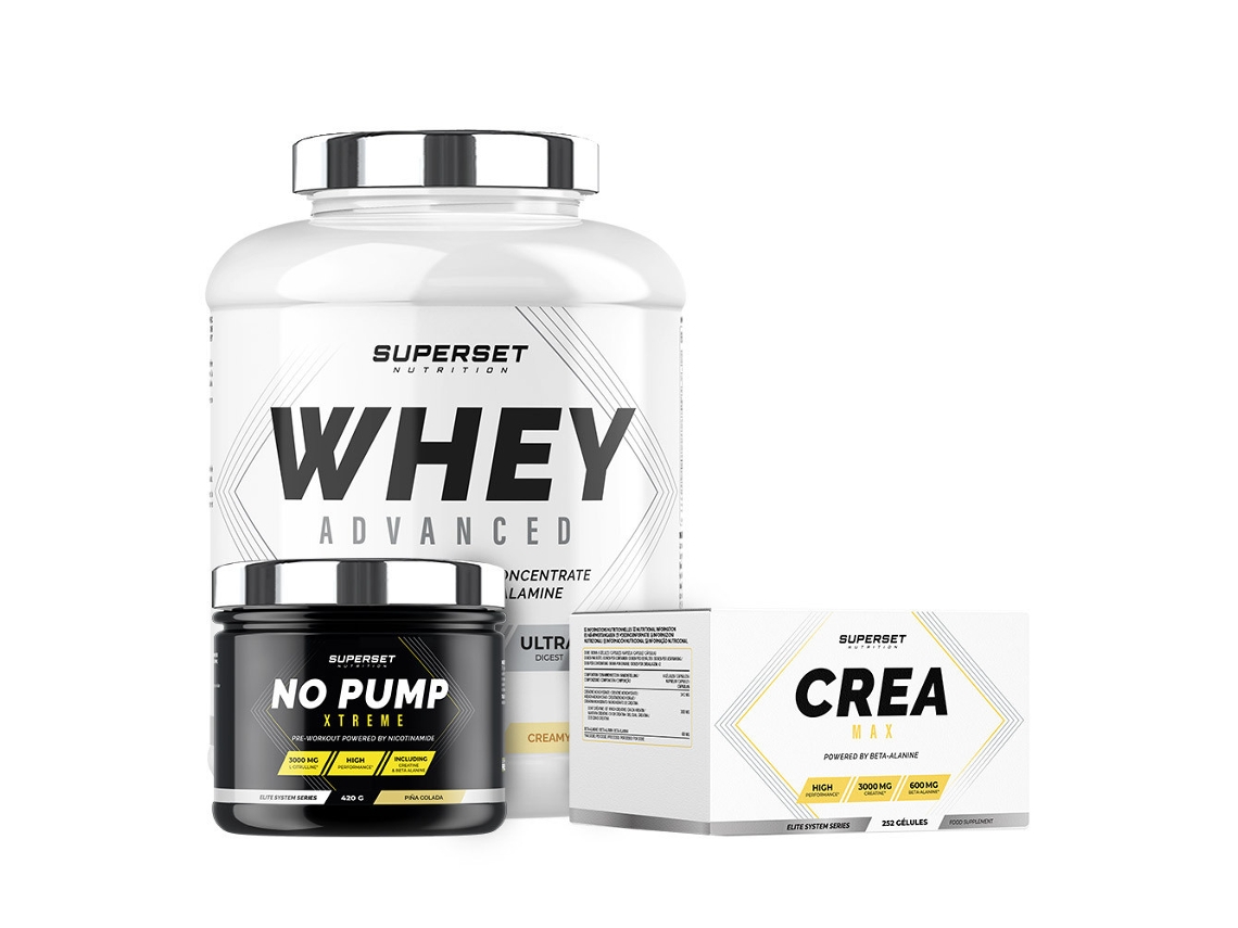 Programa de aumento de masa muscular en seco confirmado 100 Whey Protein Advanced 2 kg Vainilla cremosa Sin Pump Xtreme Créa M Superset Nutrition