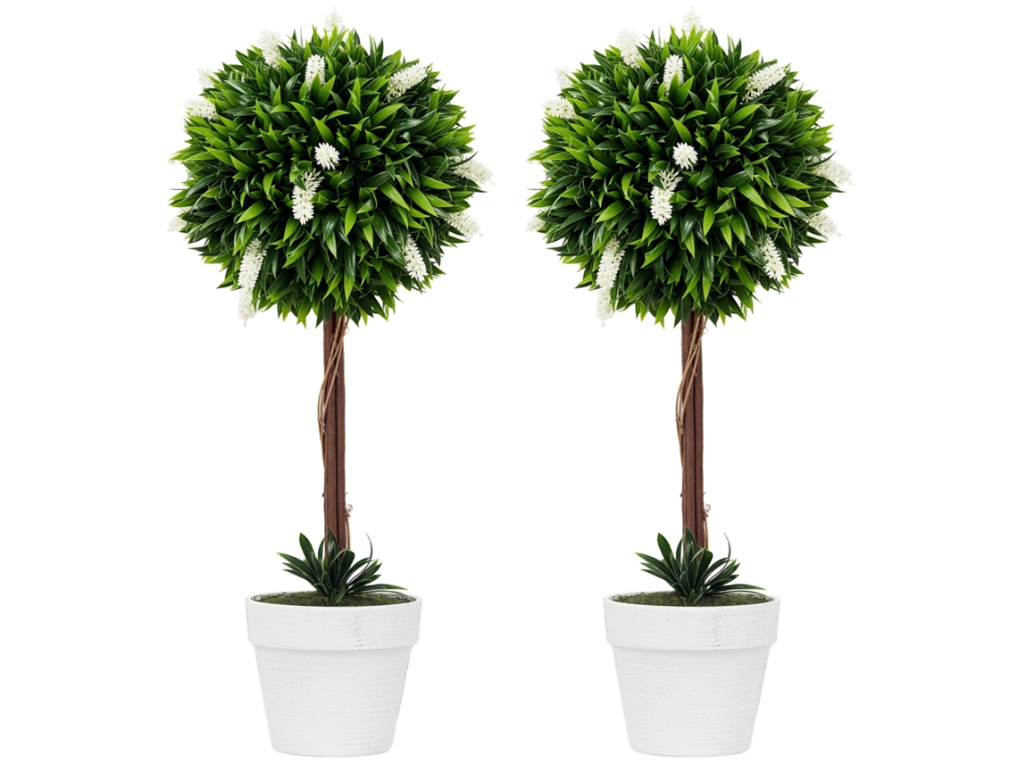 Dos plantas artificiales de lavanda de 60 cm en un jarrón de musgo blanco para decoración.