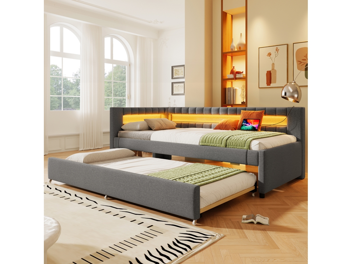 Sofá Cama De 90x200 Cm Con Control Led Usb-c, Color Gris Y Retráctil.