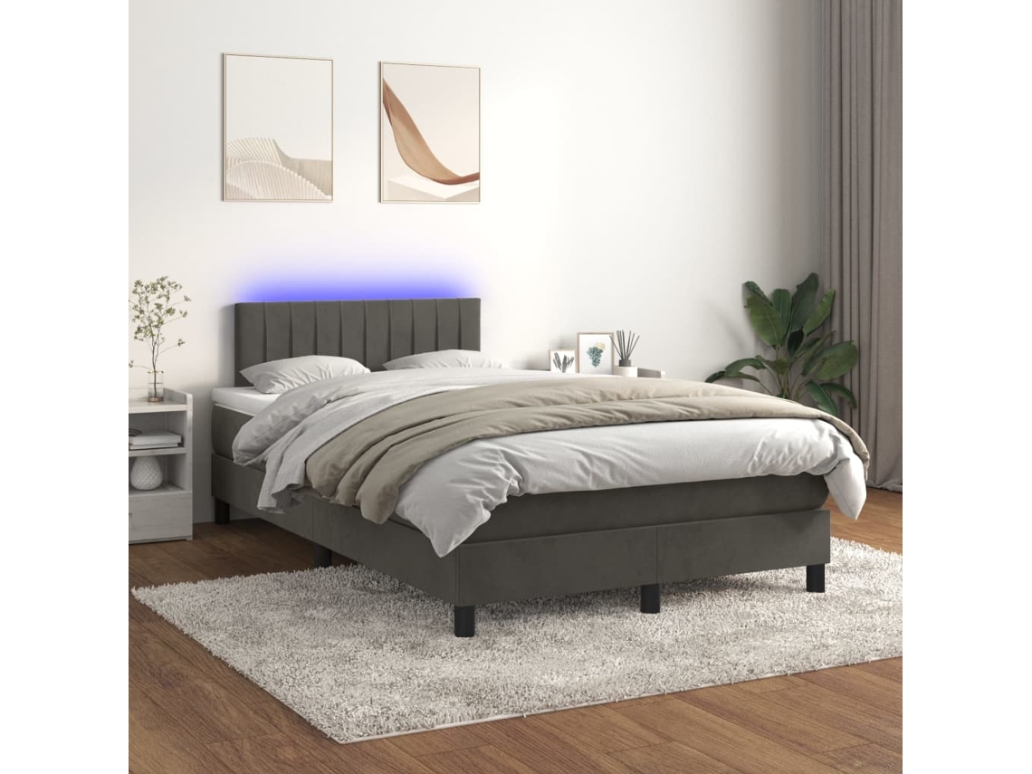 Cama Box Spring Colchón Y Led Terciopelo Gris Oscuro 120x200 Cm