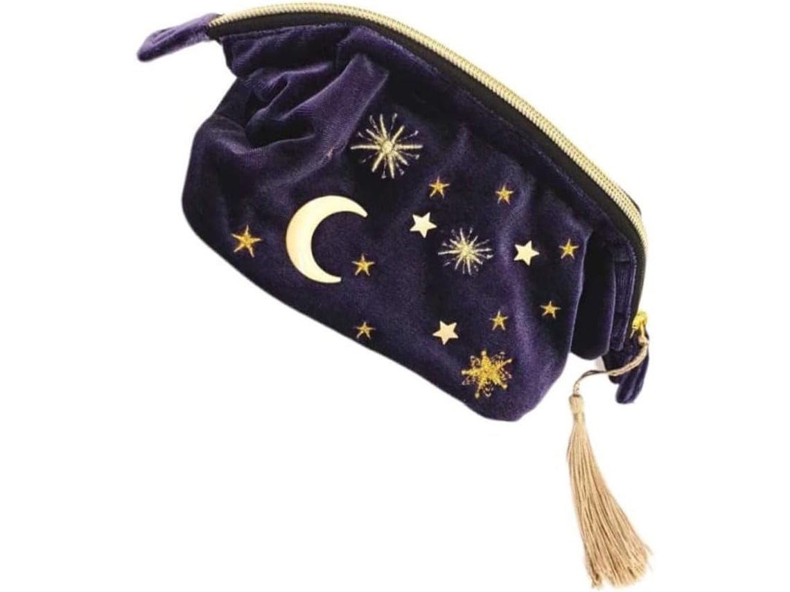 Neceser De Maquillaje De Gran Capacidad Con Bordado De Estrella Y Luna En Terciopelo Azul Medianoche, Ligero E Impermeable.