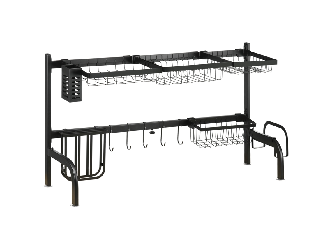 Escurridor De Platos Para Colocar Sobre El Fregadero, Rejilla De Secado Ajustable De 2 Niveles, Acero, 93 X 30 X 52 Cm, Negro