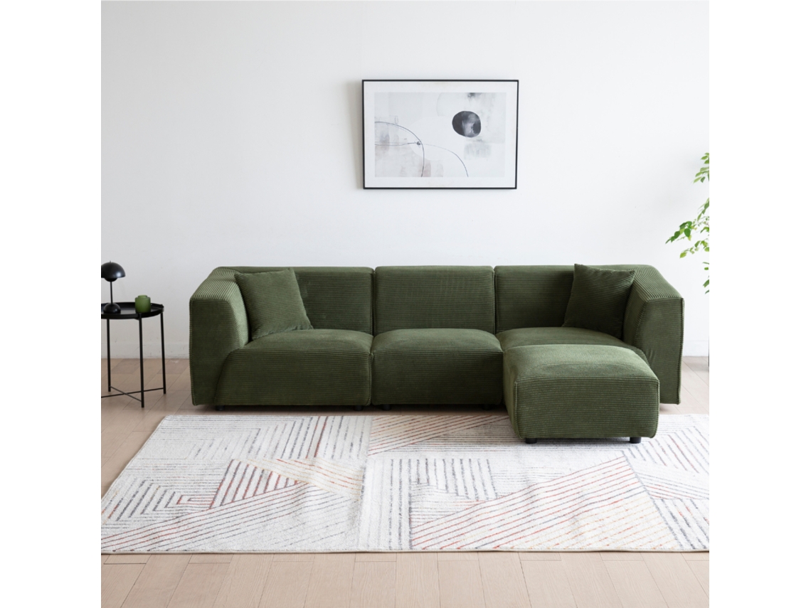 Sofá modular 4 plazas: sofá recto 3 plazas 1 reposapiés de pana verde MONROE CONCEPT U