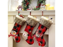 Calcetines Navideños De Tartán Rojo Y Negro, 3 Piezas Con Elementos Navideños Clásicos.