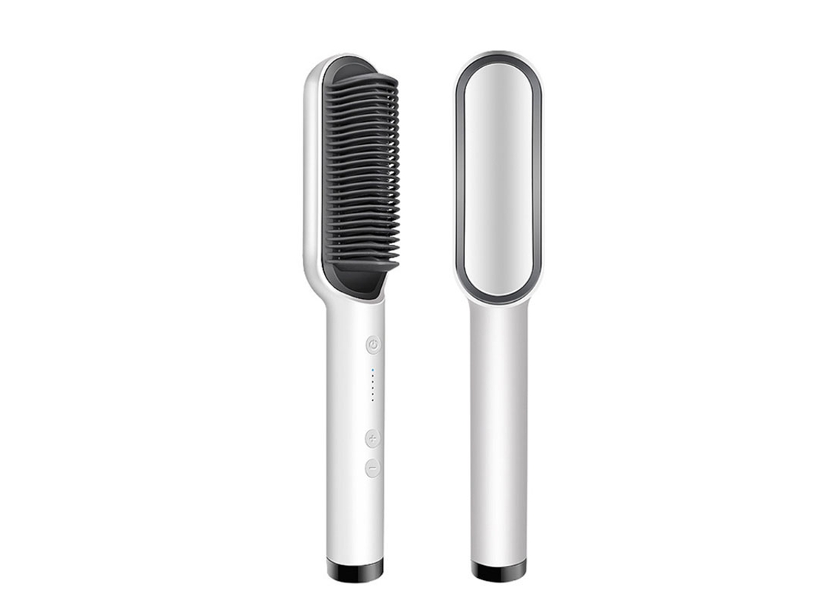 Plancha de pelo moderna MDUG con control de temperatura y cepillo motorizado (blanca)