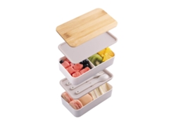 Fiambrera Bento De Bambú Con Separadores Y Cubiertos, Apilable De Doble Capa, Color Blanco
