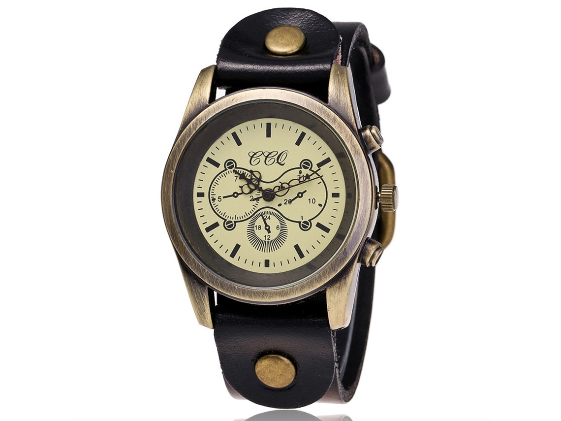 Reloj De Cuero Pu Redondo De Moda Retro Bronce Unisex Reloj De Cuarzo Negro