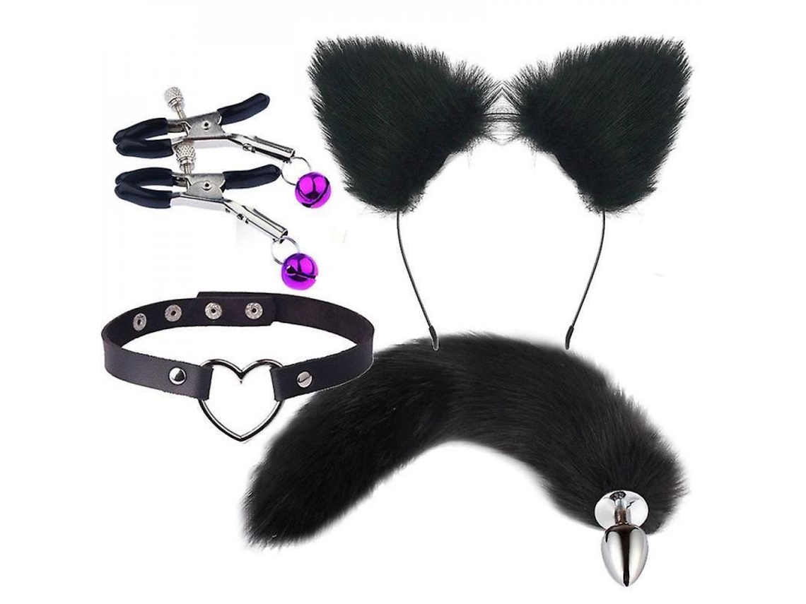 Dan26-conjunto De Juguetes Sexuales Cola De Zorro Con Tapón Anal, Orejas Y Collar Para Role Play Cosplay Negro