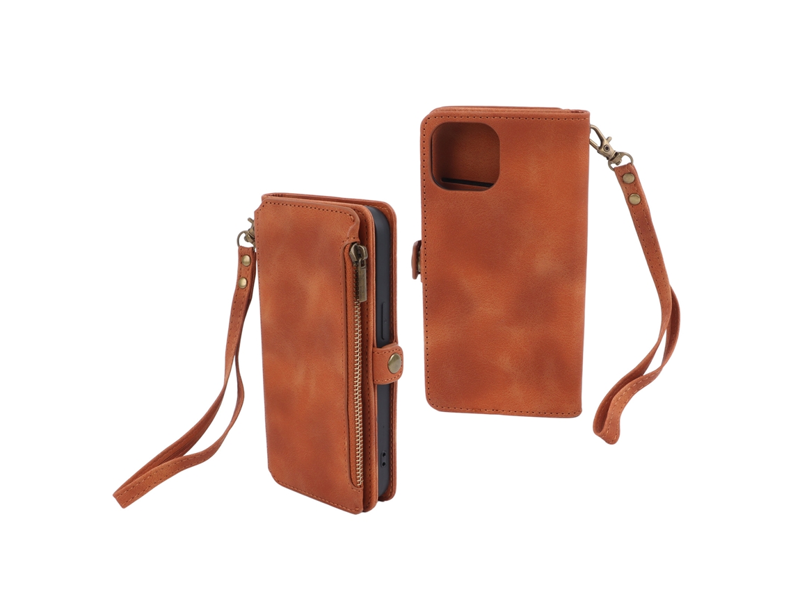 Capa De Telefone De Couro Imitado Com Correia De Mão Antiprontas De Dedos Para Iphone 12 Marrom