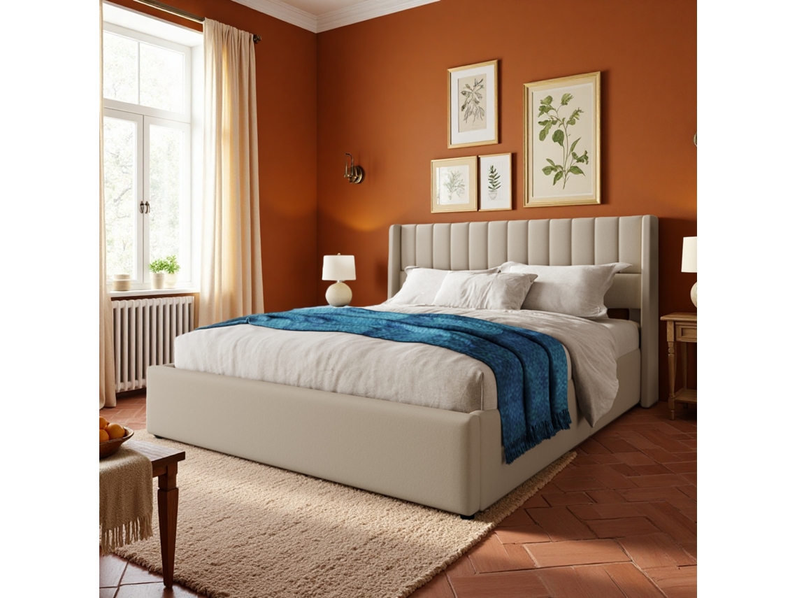 Cama Matrimonial Moderna 160x200 Con Almacenamiento Hidráulico, Cama De Matrimonio De Madera Y Lino Beige, Cabecera Acolchada Para Habitación Pequeña