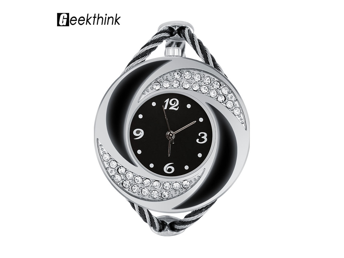 Reloj Analógico De Cuarzo Geekthink, Brazalete Abierto, Plateado Y Negro Con Piedras.