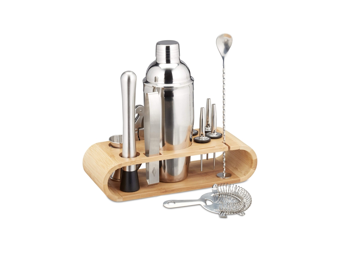 Relaxdays Set De Coctelería, Kit Profesional De Barman, Coctelera, Pinzas, Acero, 1 Pack, Plateado Marrón