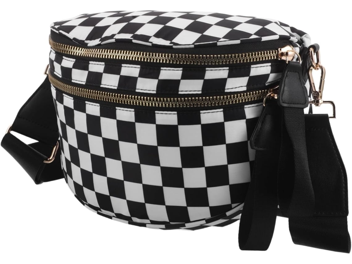 Riñonera De Mujer A Cuadros, Bolso De Hombro De Gran Capacidad, Estampado A Cuadros En Blanco Y Negro.
