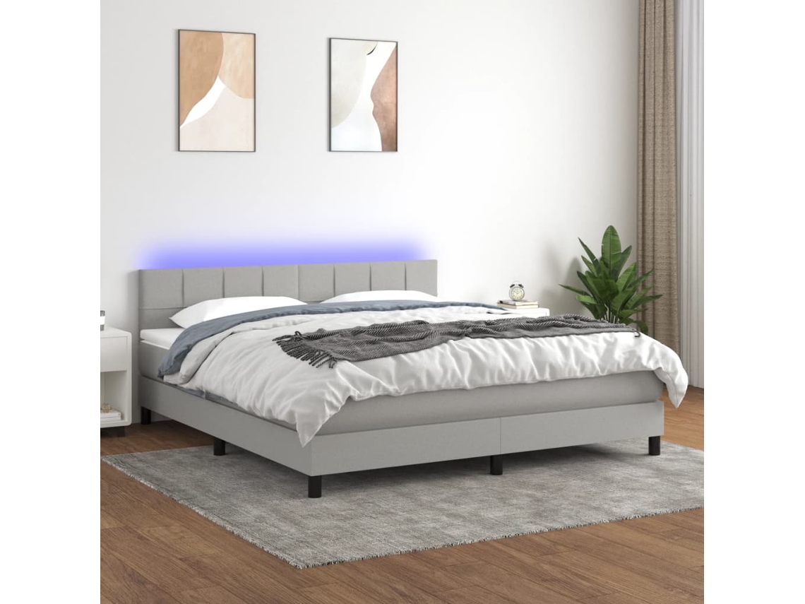 Cama Box Spring Colchón Y Luces Led Tela Gris Claro 180x200 Cm