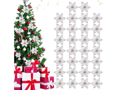 30 piezas de decoración de copos de nieve de Navidad, adornos de árboles artificiales, corona de Navidad de árbol de Navidad, plata