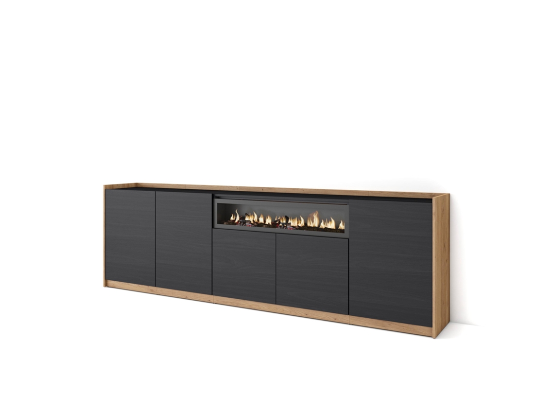 Aparador de comedor, 260x37x80cm, 5 puertas, chimenea eléctrica, negro y roble.