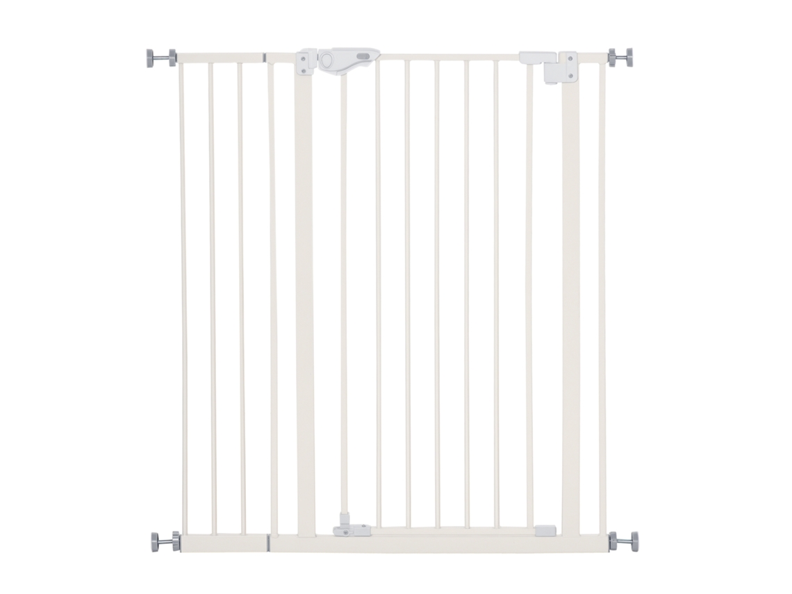 Barrera de seguridad blanca de 74 x 80 cm (91,5 x 97,5 x 104,1 cm), extensible, metálica, con cierre automático para puertas y escaleras para mascotas.