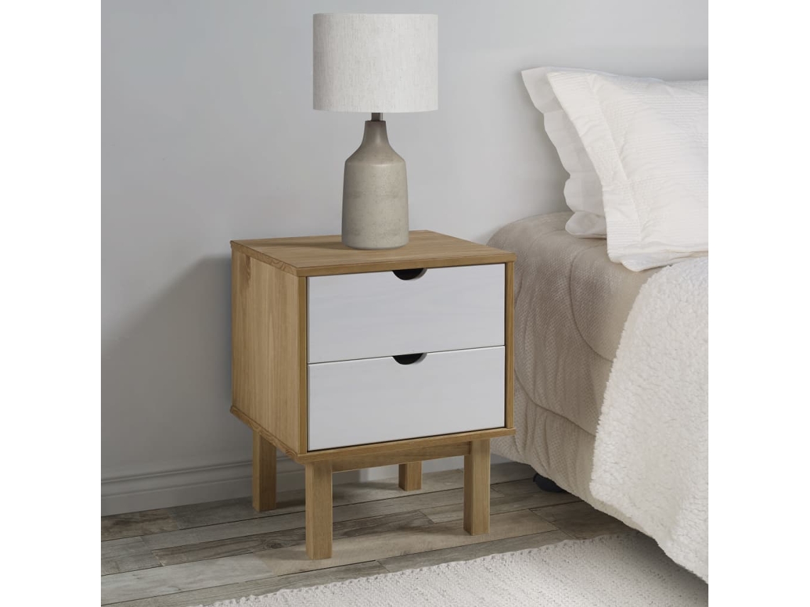 Mesita de Noche Otta 46X39,5X57 Cm Pino Macizo Marrón/Blanco