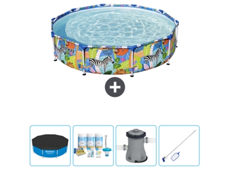 Piscina BESTWAY Round Steel Pro - 305 x 66 cm - Estampado Selva - Incluida Cubrir - Paquete de mantenimiento - Bomba - kit de limpieza