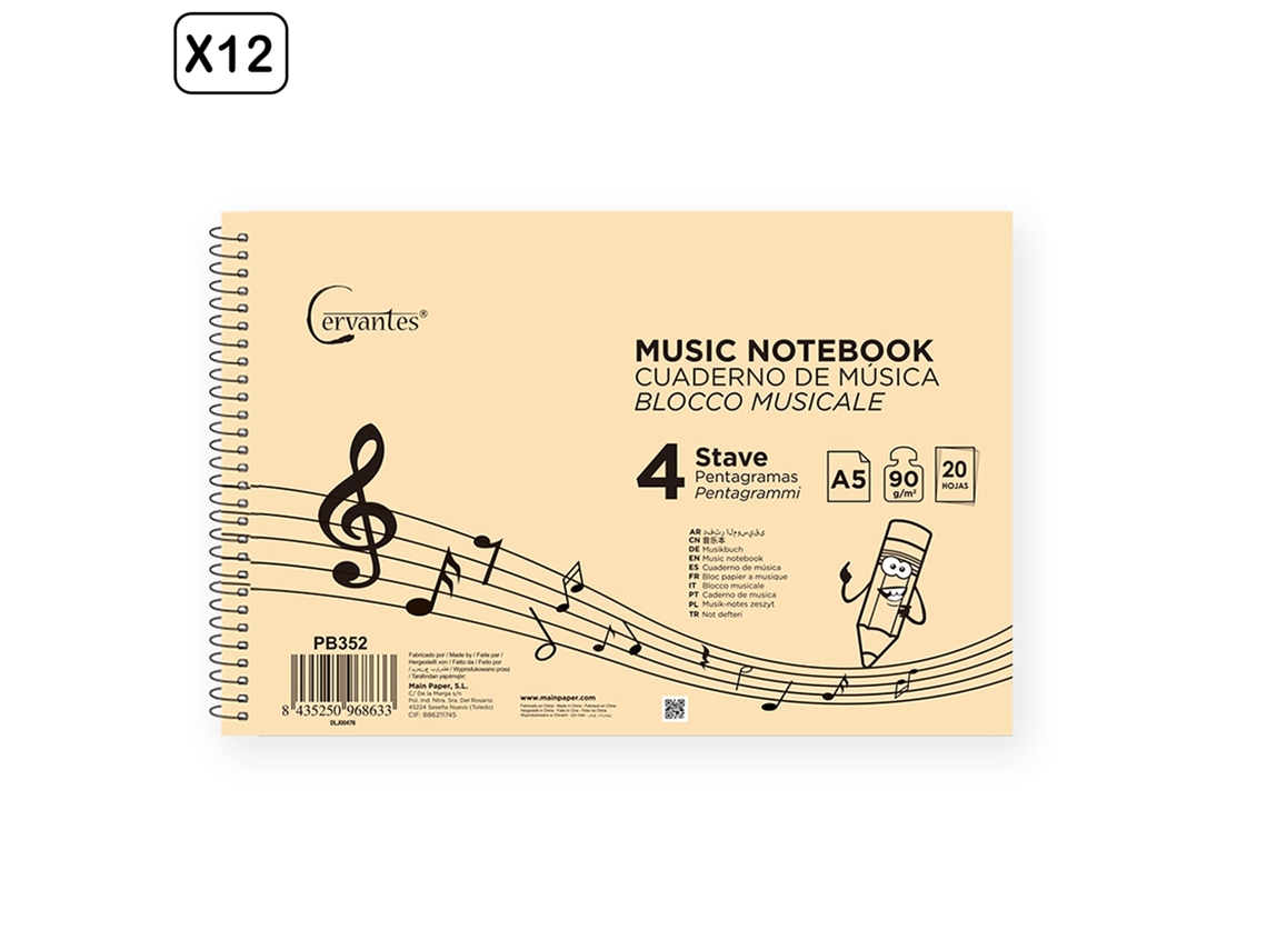 Pack de 12 Unidades Cuaderno de Música con 4 Pentagramas A5 Cervantes