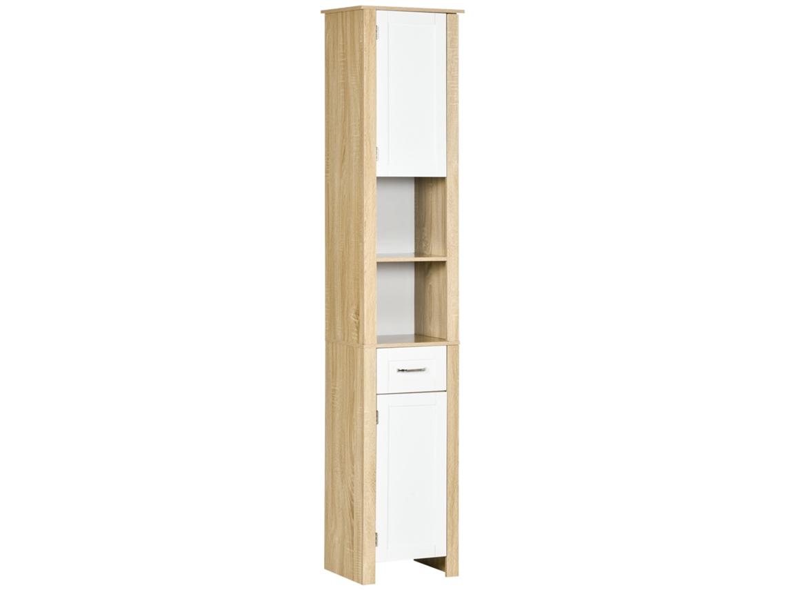 Armario Alto De Aglomerado Para Baño Con Un Cajón, Dos Armarios Y Dos Estantes Abiertos Ajustables, 37x30x184 Cm.