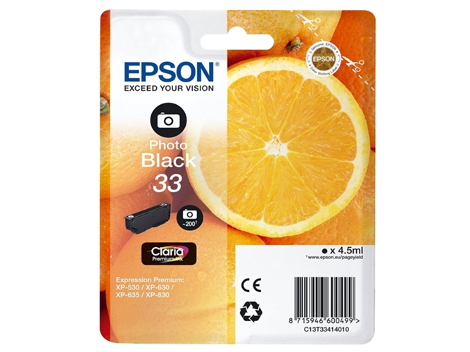 Cartucho de tinta original EPSON, 33, Naranjas 4,5 ml , Negro foto, Estándar, C13T33414012, T3341