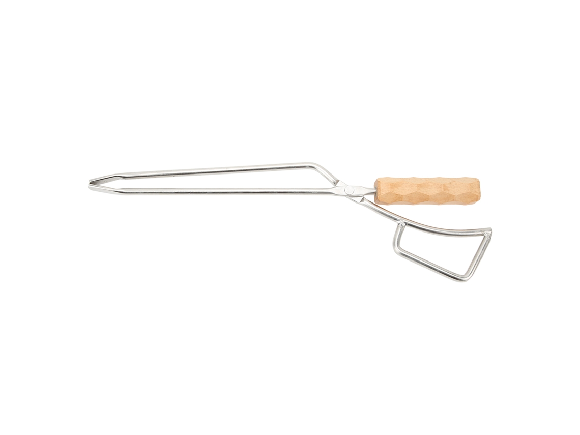 Pinzas para fuego de acero inoxidable con mango de madera.