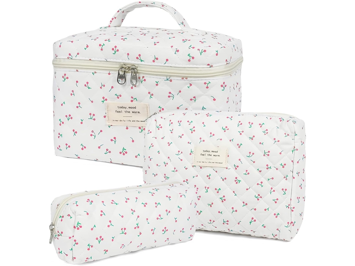 Kit de maquillaje grande de algodón (3 piezas) - Estampado floral, gran capacidad (3)
