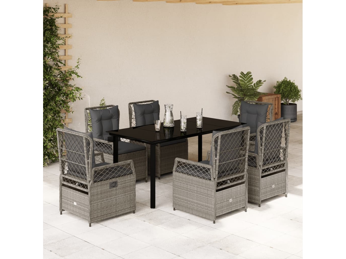 Juego de comedor de jardín de 7 piezas con cojines de mimbre gris claro DKD Home Decor