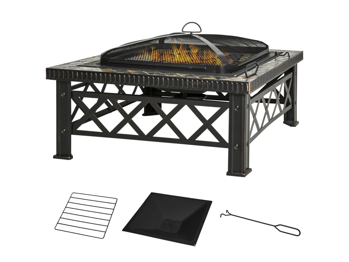 Brasero/fogata 3 En 1 Con Rejilla Protectora Contra Chispas, Parrilla Y Cubo Para Hielo - Barbacoa De Jardín - Negro - 76 Cm X 76 Cm X 47 Cm