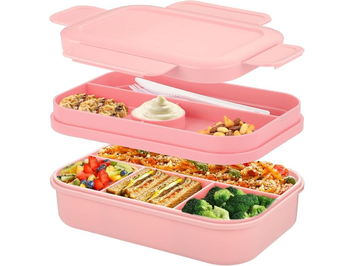 Fiambrera Grande De 2000 Ml Con 8 Compartimentos, Compatible Con Pilas, Incluye Cubiertos, Color Rosa.
