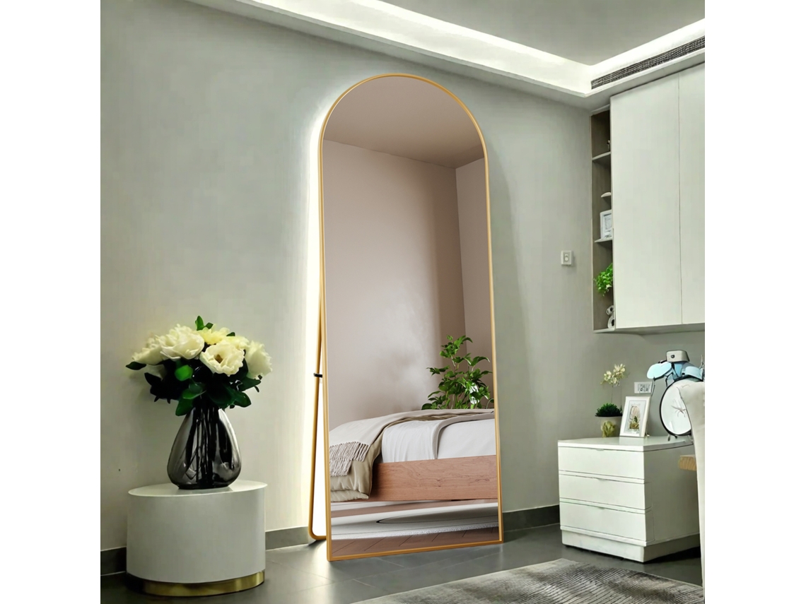 Espejo arqueado de cuerpo entero, 162 x 53 cm, de pie o de pared, para salón, vestidor o baño, color dorado. YCONE