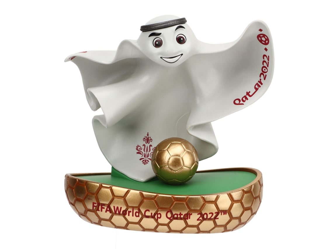 Adorno de mesa con la mascota de la Copa Mundial La'eeb 2022, 3D, 9 cm, con balón y campo dorados.