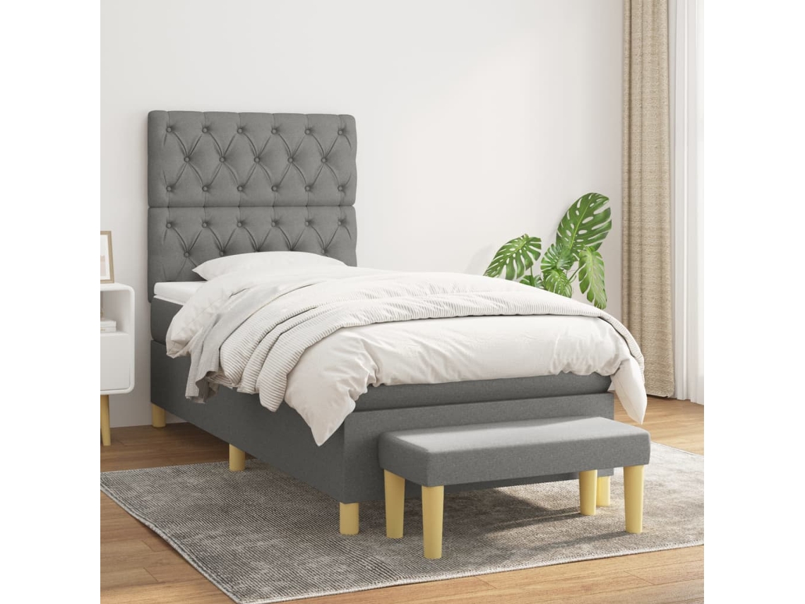 Cama Box Spring Con Colchón Tela Gris Oscuro 80x200 Cm