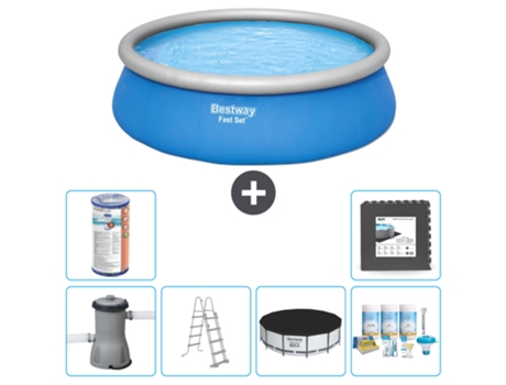 Piscina Hinchable Redonda Fast Set BESTWAY - 457 x 122 cm - Azul - Incluida Bomba - Escalera Cubrir - Paquete de mantenimiento - Filtrar - Baldosas