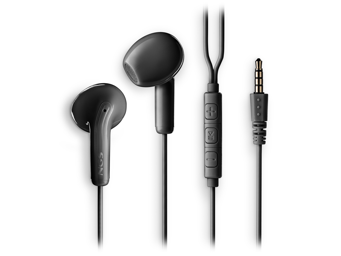 Audífonos intraaurales Cross Flip negros con micrófono y control de volumen. Botón multifunción y asistente de voz. Conexión jack de 3,5 mm. Ngs