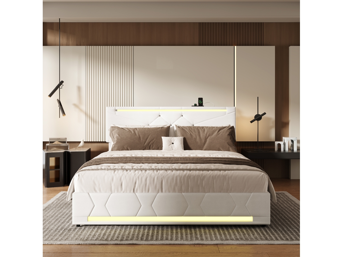 Cama De Matrimonio 160x200cm Cama Con Almacenamiento Y Resorte Neumático, Cama Adulta Y De Adolescente, Lino Con Led Rgb Y Usb, Beige, Diseño Moderno