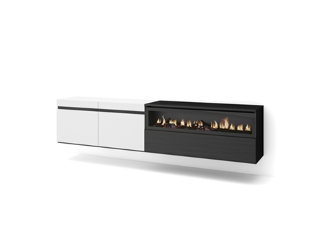 Mueble TV Televisión 200x45x35cm Para TV hasta 80 Chimenea eléctrica Colgado Suspendido Blanco y negro