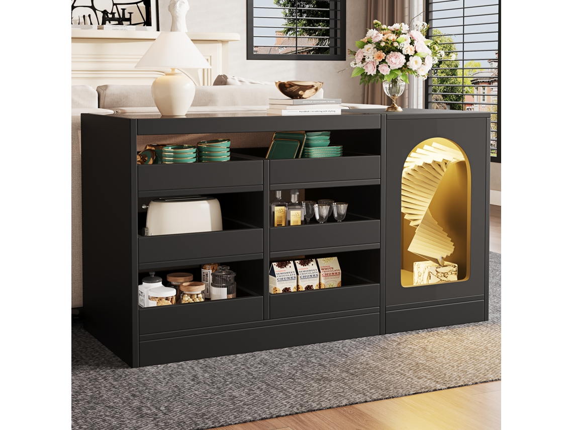 Aparador moderno y elegante de color negro con 6 cajones, puerta alta e iluminación LED, ideal para el dormitorio, el salón y el comedor.