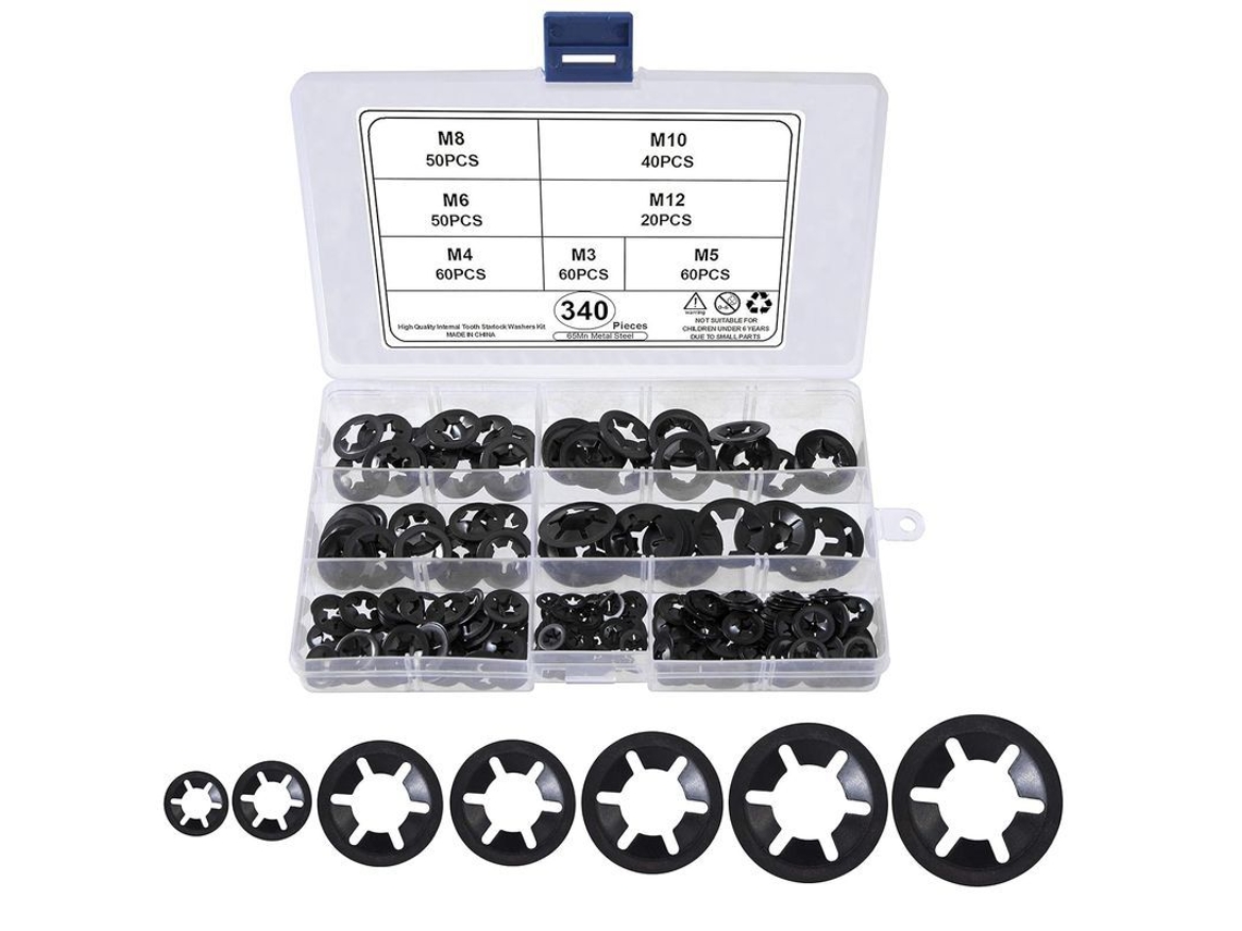 Juego Universal De Arandelas De Seguridad Con 340 Piezas, M3-m12, Acero Al Manganeso Negro, Con Estuche.
